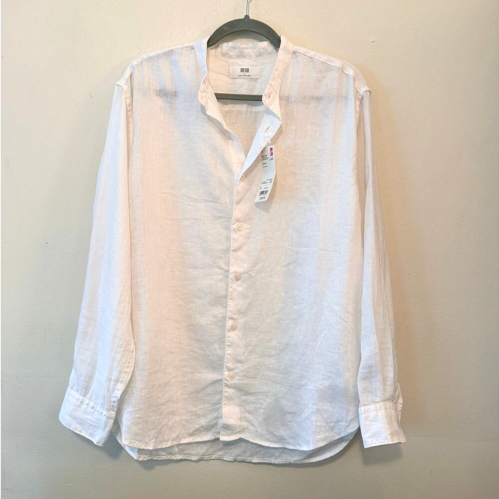 NWT Uniqlo premium linen stand collar shirt white S